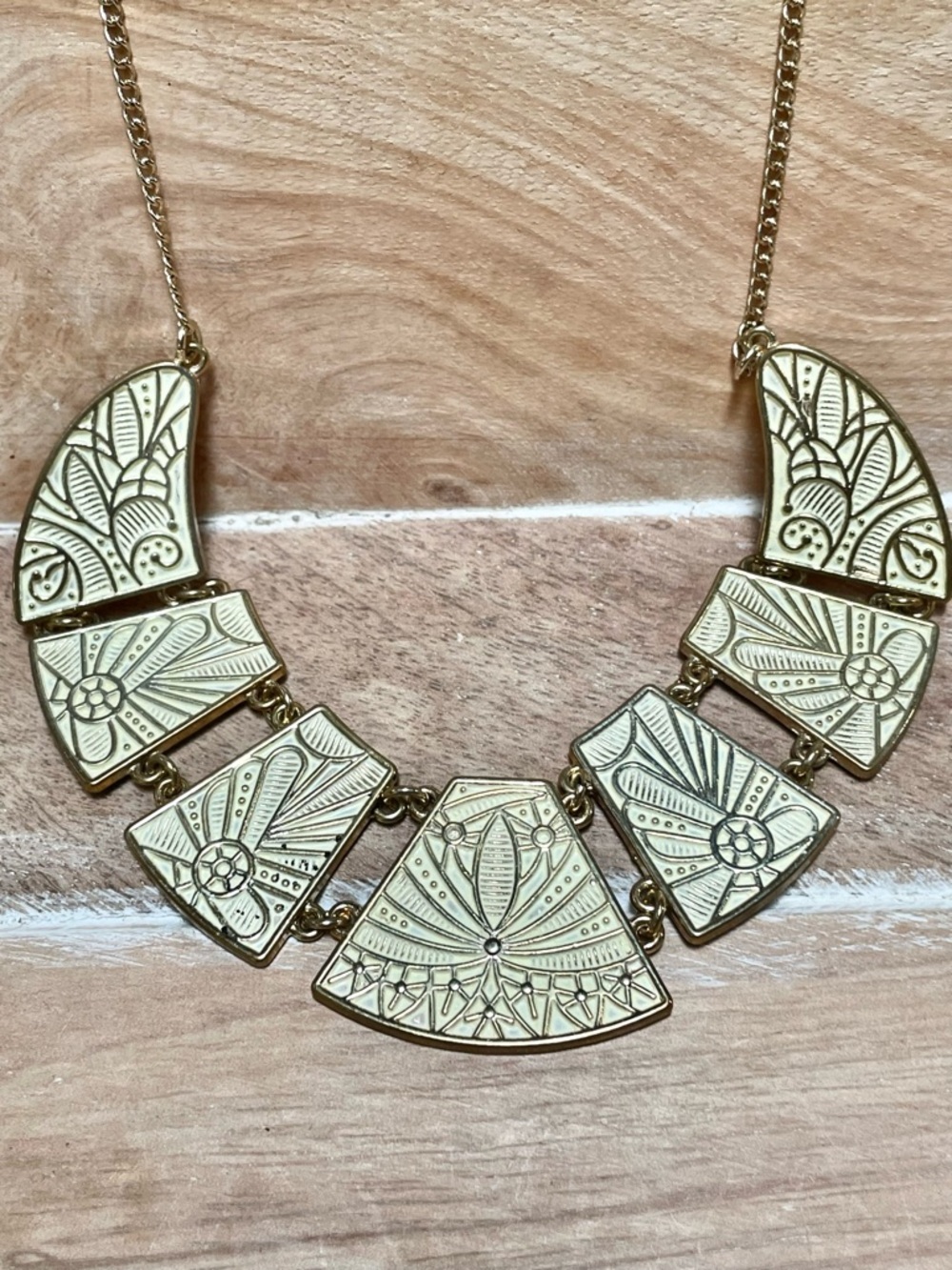 Gold-Tone Engraved Fan Pendant Statement Necklace in Pale Yellow - Picture 1 of 4
